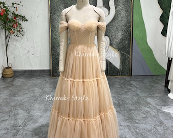 Off Shoulder Sleeve Champagne Tulle Wedding Dress