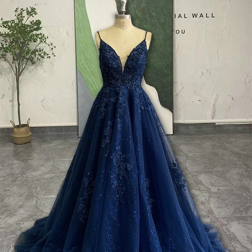 A-line Evening Dress Long Sleeves Prom Dress Navy Blue - Etsy