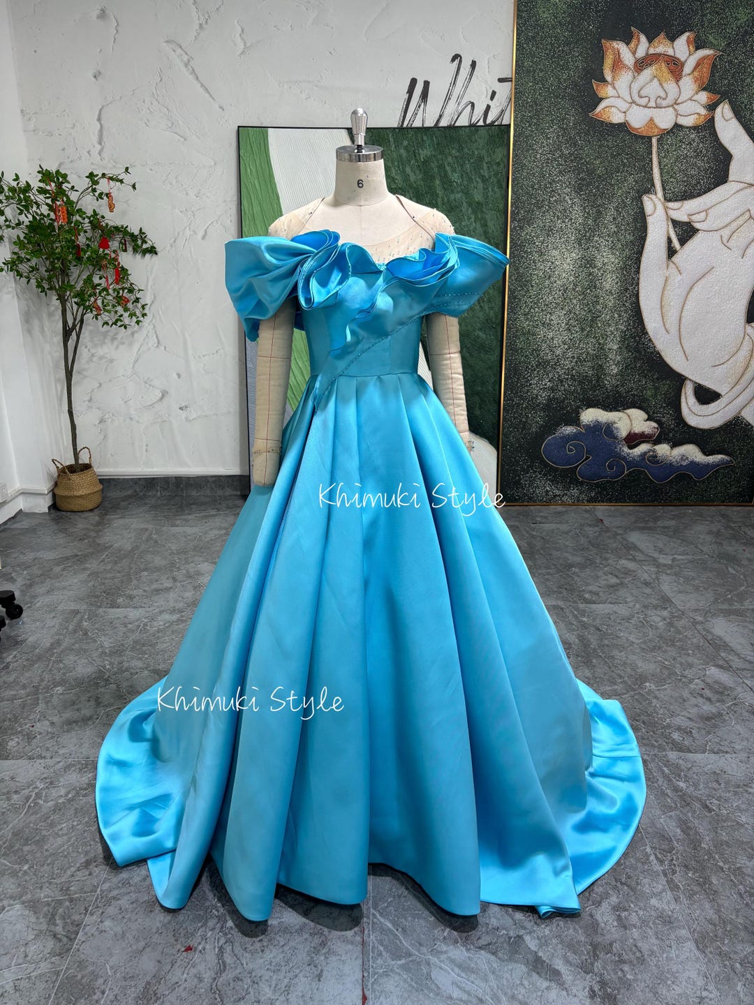 Off the shoulder blue ball gown , sparkly prom dress with flowers S26908