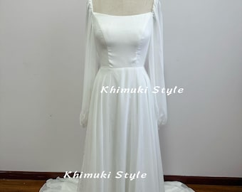 Square Neckline Ivory Chiffon Wedding Dress, Long Sleeve Bridal Gown