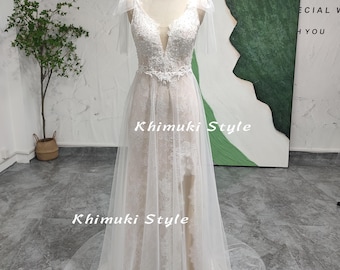 Lace & Tulle Slit Wedding Dress: Ivory Champagne Beach Bridal Gown