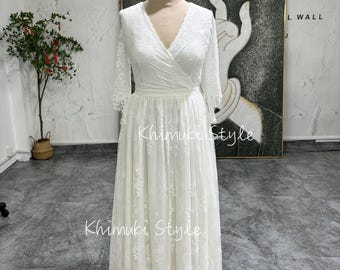 Vestido de novia bohemio de encaje con mangas largas, color marfil, talla grande