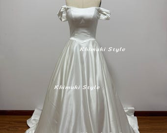 Ivory Satin Off-the-Shoulder Wedding Dress: V-Waistline with Pockets