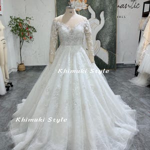 Ball Gown Sparkle Long Sleeve Lace Wedding Dress,Plus Size Wedding Dress