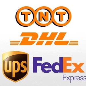 May include: Logos of four international shipping companies: TNT, DHL, UPS, and FedEx Express. The TNT logo features orange circles with white letters. DHL is orange with a stylized design. UPS has a brown shield with gold lettering. FedEx is purple.
