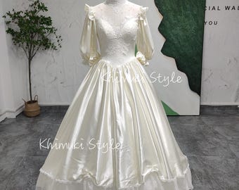 Vintage Cream Lace Wedding Dress: Long Sleeve High Neck