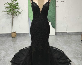 Classic Mermaid French Lace Black Wedding Dress