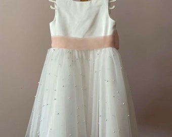 Pearl Skirt Flower Girl Dress with Blush Pink Band