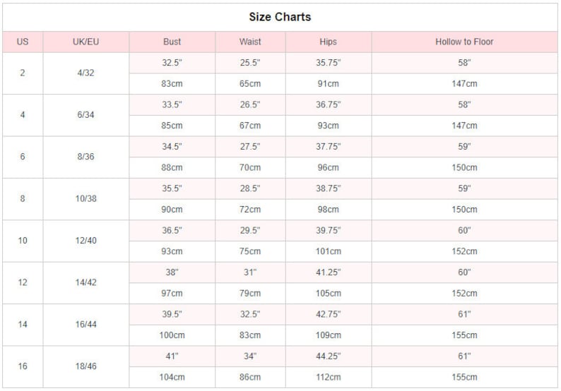 May include: Size chart for clothing with measurements in inches and centimeters. The chart shows US, UK/EU sizes, bust, waist, hips, and hollow to floor measurements.