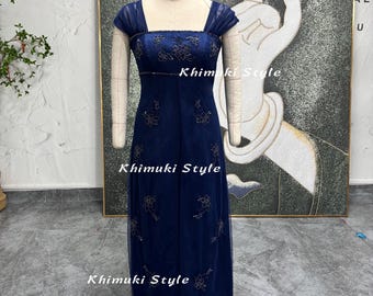 Handmade Beaded 90s Prom Dress,Off-Shoulder Sleeve Vintage Dark Blue Party Dress