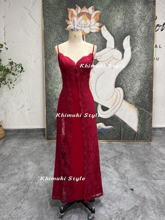 chinese dress ladies Burgundy Sequined Lace Satin Mermaid Prom Dress