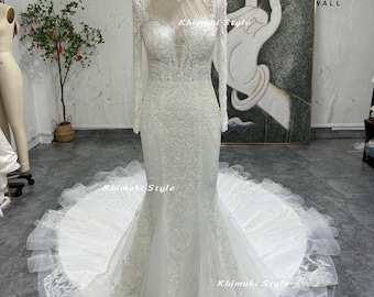 Mermaid High Neckline Long Sleeve Luxury Wedding Dress
