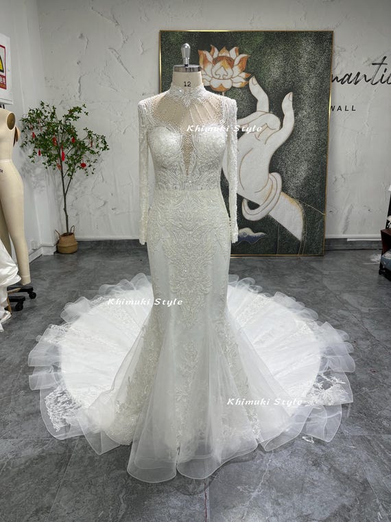 Mermaid High Neckline Long Sleeve Luxury Wedding Dress