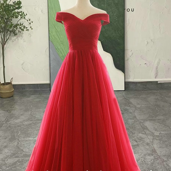 Simple Off Shoulder Sleeve Red Tulle Prom Dress