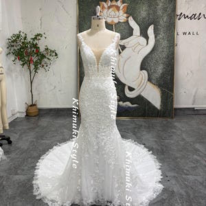Fit and Flare Lace Wedding Dress,V-neck White Lace Wedding Dress