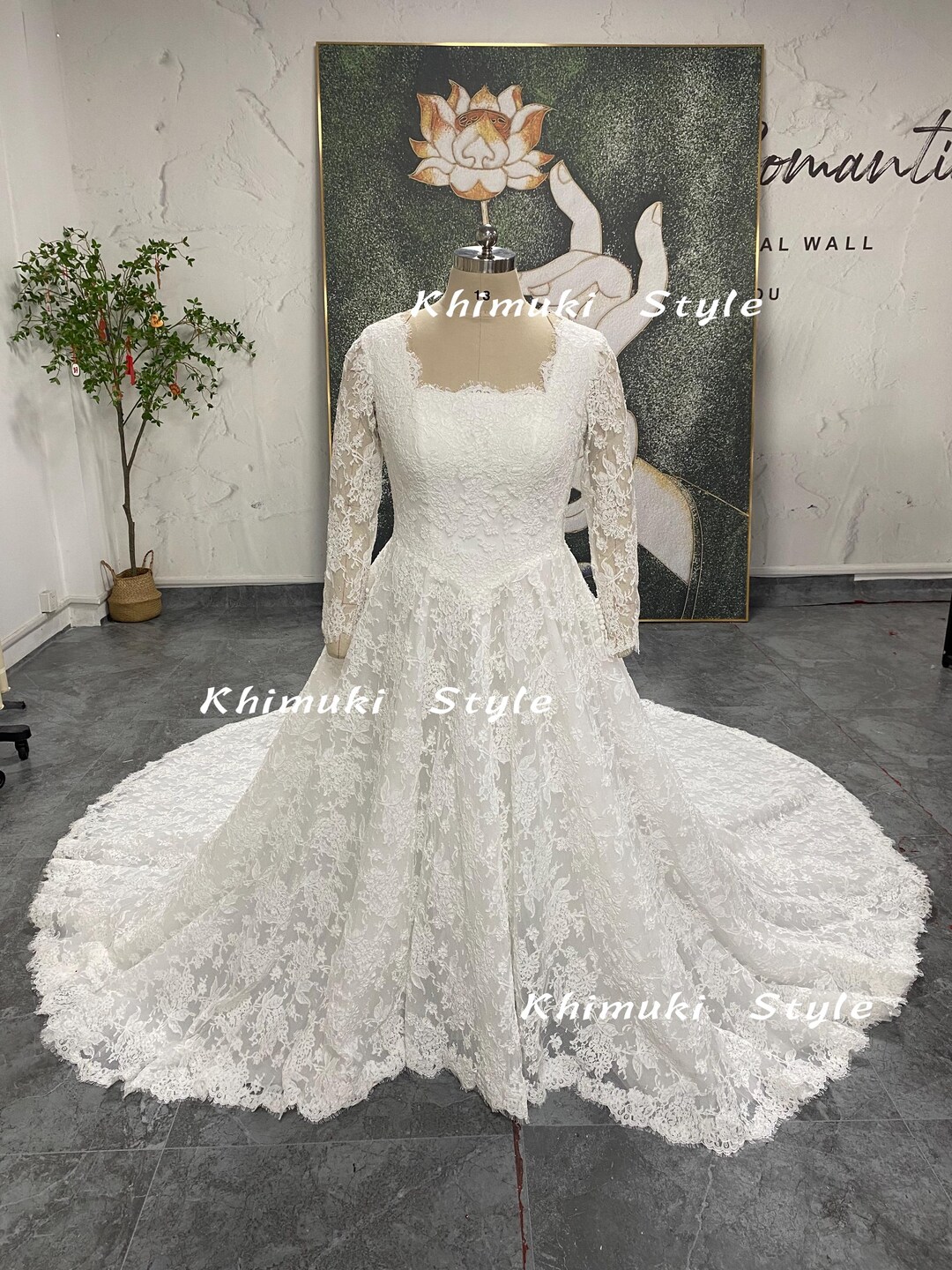 lace long sleeve wedding dress Romantic Flower Lace Long Sleeve Illusion Neck Summer Bridal Dress