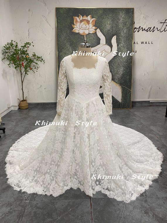 Ivory Lace Long Sleeve Wedding Dress with Train - Plus Size Available