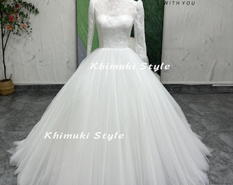 High Neck Lace Ball Gown Wedding Dress - Long Sleeve Ivory Tulle