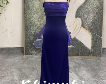 90S Square Neckline Vintage Prom Dress,Dark Blue Party Dress