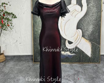 Vintage Black and Red Satin Prom Dress: 90s Party Gown