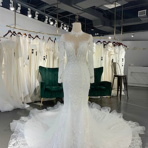 Mermaid High Neckline Long Sleeve Luxury Wedding Dress