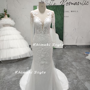 Mermaid Long Sleeve Wedding Dress,Fitted Sheer Lace Wedding Dress
