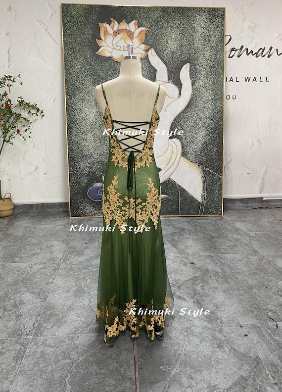 Handmade Beaded Prom Dress , Vintage Green & Gold Evening Gown Handmade Beaded Prom Dress , Vintage Green & Gold Evening Gown