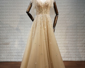 High Quality Handmade Beads Gold Prom Dress