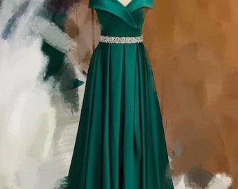Off Shoulder Sleeve Dark Green Party Dress