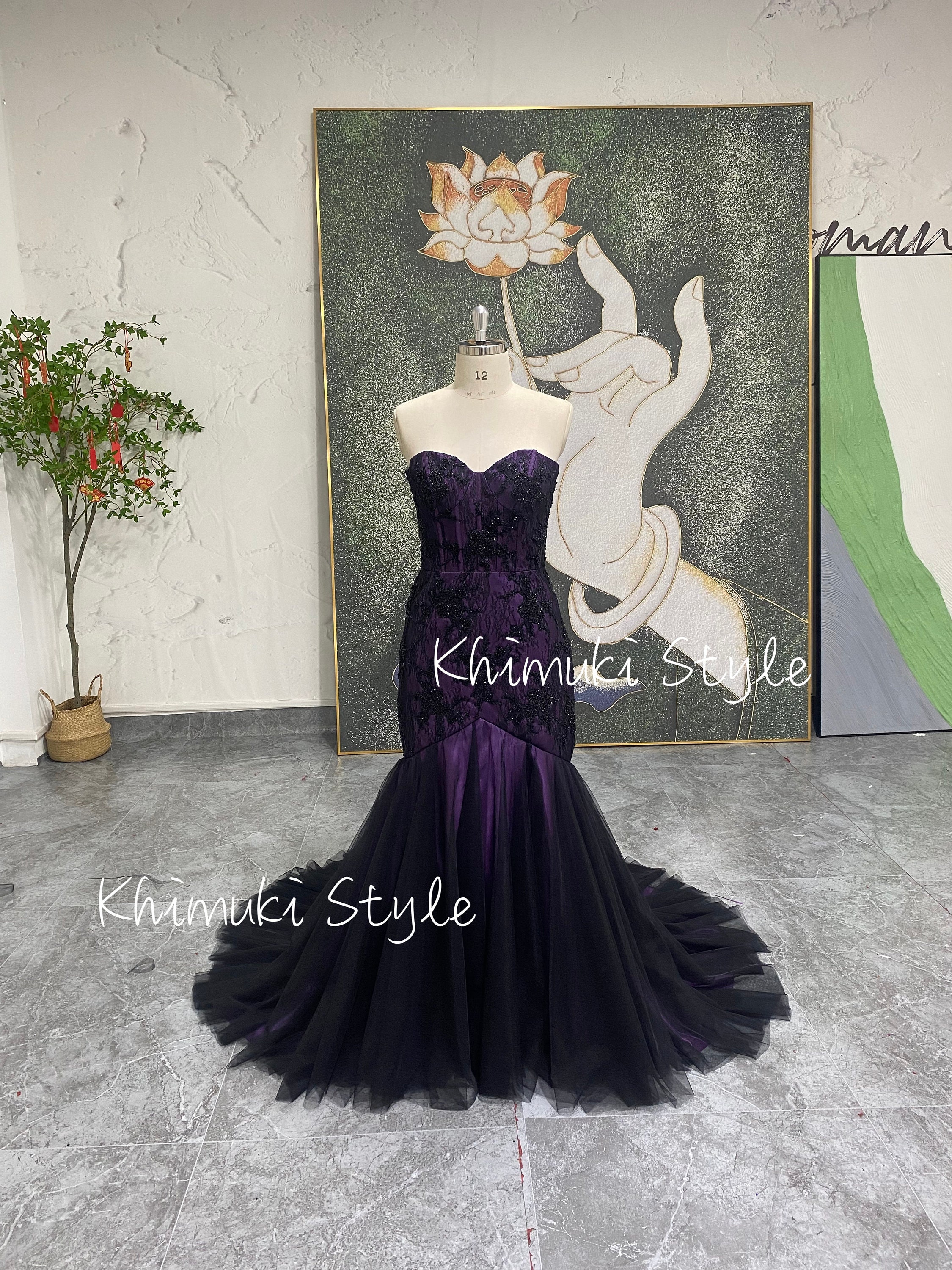 purple and black lace wedding dress Rayne Black Lace Gothic Wedding Dress: Purple Trumpet Style, Illusion Back