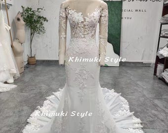 Ivory Lace Mermaid Wedding Dress: Sheer Long Sleeve Bridal Gown