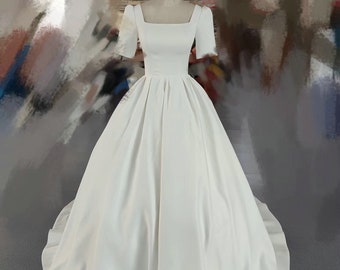 Ball Gown Half Sleeve Square Neckline Minimal Wedding Dress