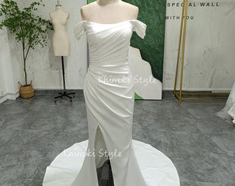 Off-Shoulder Fit and Flare Wedding Dress - Ivory Satin Slit Gown