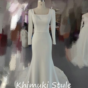 Fit and Flare Square Neckline Long Sleeve Crepe Minimalist Wedding Dress