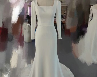 Fit and Flare Square Neckline Long Sleeve Crepe Minimalist Wedding Dress