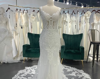 French Lace Mermaid Wedding Dress with Long Train