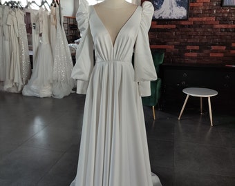 High Quality Boho Long Sleeve Ivory Satin Wedding Dress