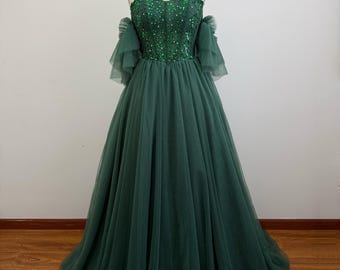 90s Green Tulle Ball Gown: Vintage Prom Dress