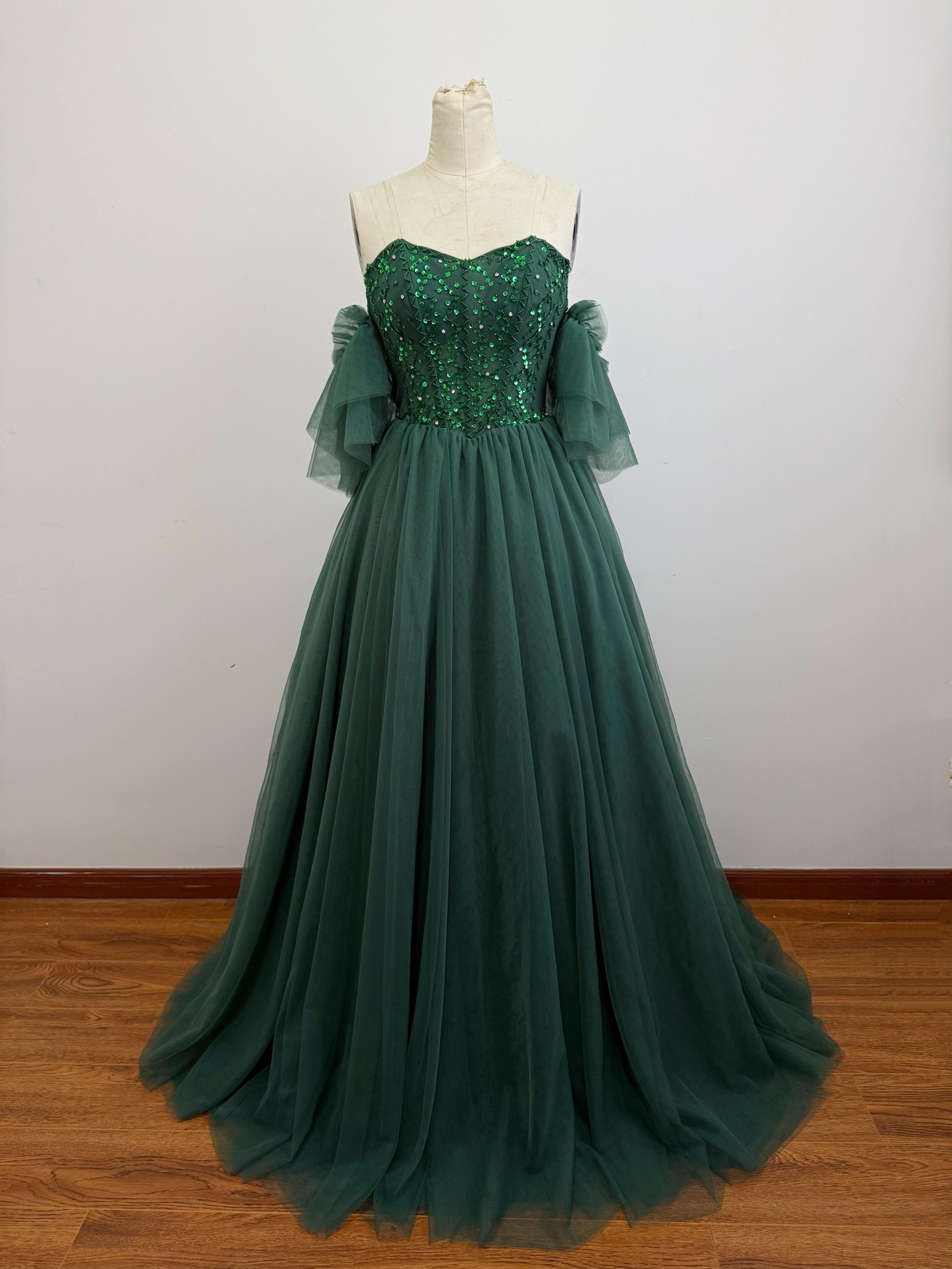90s Green Tulle Ball Gown: Vintage Prom Dress
