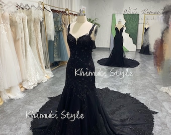Mermaid Criss Cross Back French Lace Black Wedding Dress