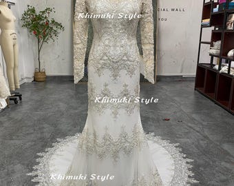 Mermaid Long Sleeve Lace Wedding Dress with Beads