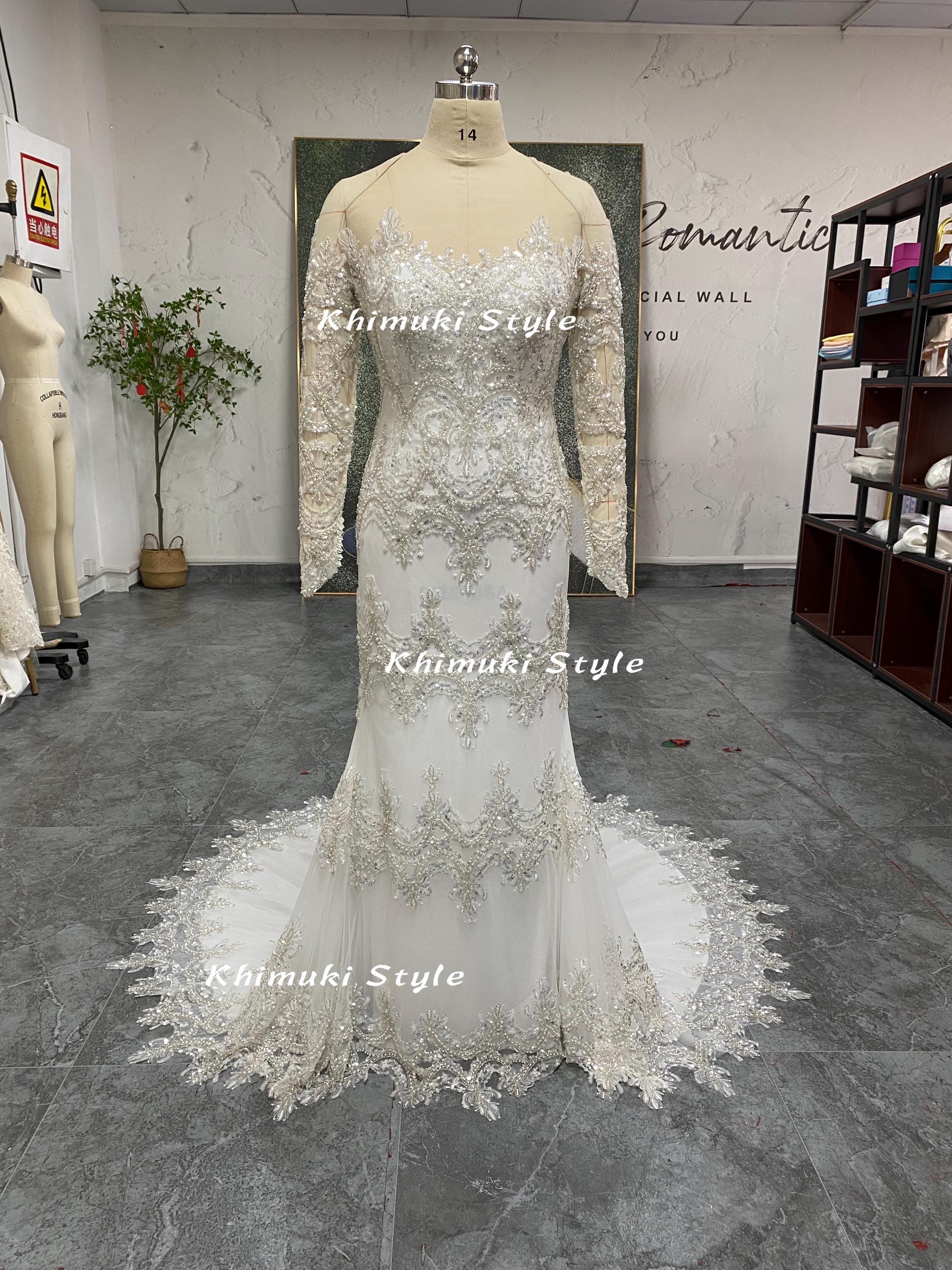 long sleeve beaded mermaid wedding dress Vintage and sexy long sleeves lace mermaid wedding dress,crystals rhin –  Anna's Couture Dresses main image 1