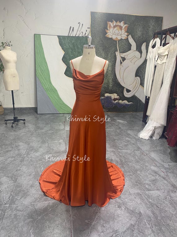 rust satin bridesmaid dress Satin Dress Long Rust Colored Dress Rust Color Satin Bridesmaid Dress, Wedding Dress, Bridesmaid
