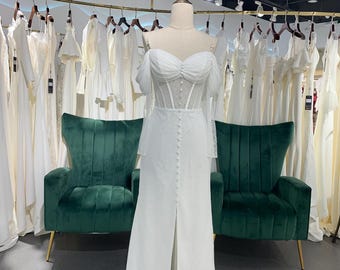 Off Shoulder Lace Corset Wedding Dress with Slit
