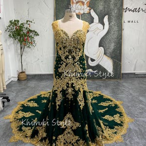 Mermaid Gold and Green Lace Wedding Dress,Colorful Wedding Dress,Plus Size Wedding Dress
