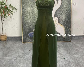90s Vintage Green Party Dress: Tulle & Silk Prom Gown