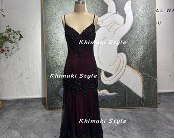 Handmade Beaded Prom Dress: Vintage Black & Red Evening Gown