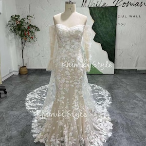 Mermaid Long Sleeve Wedding Dress,Fit and Flare Lace Wedding Dress
