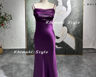 Purple Silk Satin Prom Dress - Square Neckline 2000s Vintage Style