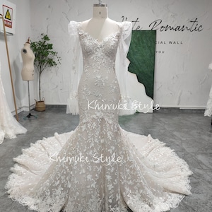 Mermaid Long Sleeve Wedding Dress,Mermaid Lace Wedding Dress